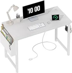 Lufeiya 39 inch White Computer Desk with Power Outlet, 40 inch Teen Study Table Home Office Work ... | Amazon (US)