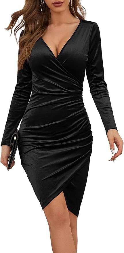 GUBERRY Womens Wrap V Neck Long Sleeve Velvet Bodycon Ruched Cocktail Party Wedding Guest Dress | Amazon (US)