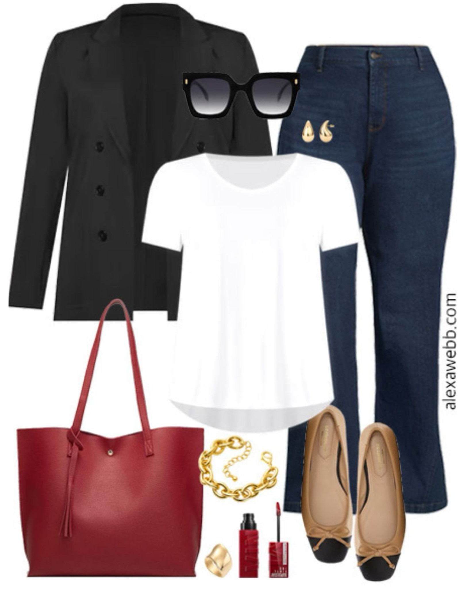 Plus Size Teacher Outfits 2024 - Part 1 - A plus size business casual outfit for teachers heading back to school this fall. A plus size black blazer, t-shirt, trouser jeans, cap toe flats, and a red tote bag. Alexa Webb

#LTKPlusSize #LTKStyleTip #LTKShoeCrush
