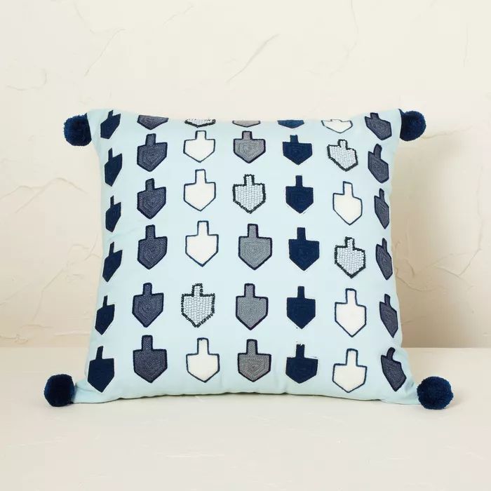 Beaded and Embroidered Dreidel Square Throw Pillow with Pom Poms Light Blue - Opalhouse&#8482; de... | Target