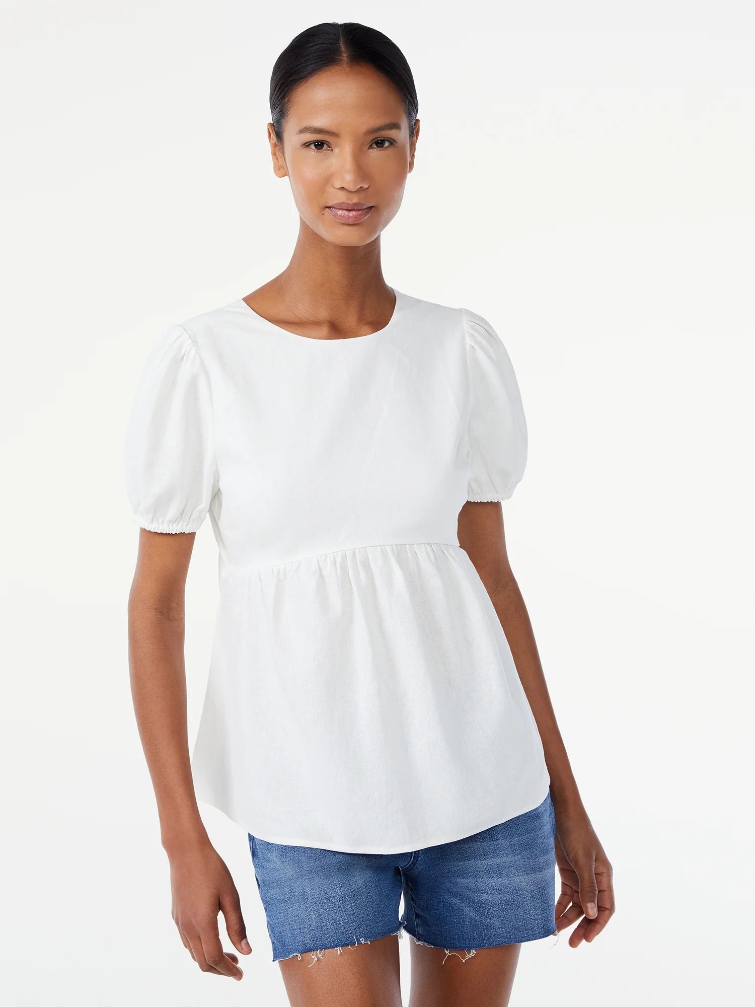 Scoop Women's Linen Blend Peplum Top with Puff Sleeves - Walmart.com | Walmart (US)