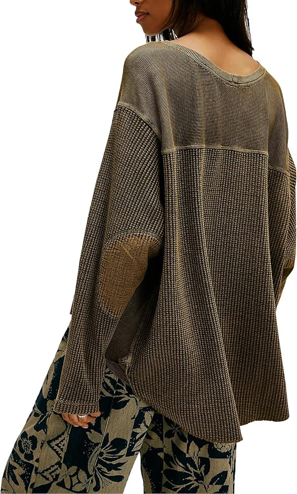 Womens Waffle Knit Tops Long Patched Sleeve Casual Blouses Crewneck Oversized Pullover Shirts | Amazon (US)