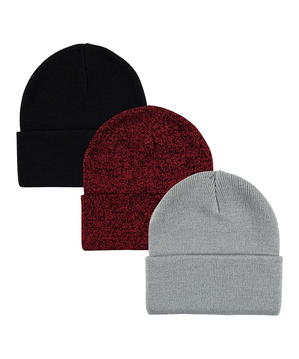 Hudson Baby Beanies Heather - Heather Gray, Red & Black Ribbed Cuffed Beanie Set | Zulily