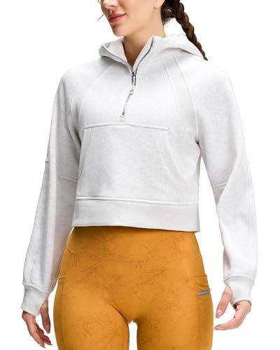 QUEENIEKE Women's Trendy Half Zip Cropped Hoodies - Fleece Quarter Zip Up Pullover Sweatshirts With Thumb Hole White Grey XS | Amazon (US)