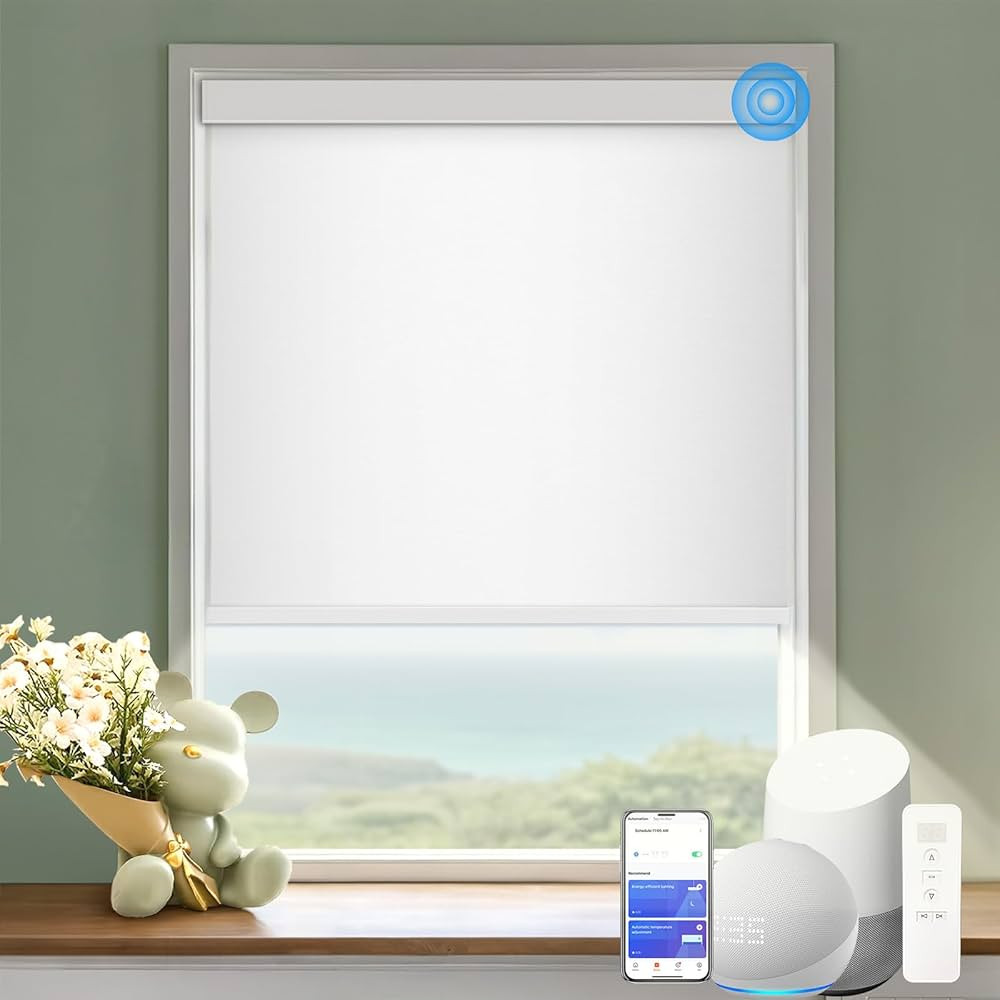 Motorized Blinds with Remote Cordless Automatic Motorized Shades Custom Blinds for Indoor Windows Smart Curtains with Alexa Google Home(Blackout Jacquard White,Custom Size) | Amazon (US)