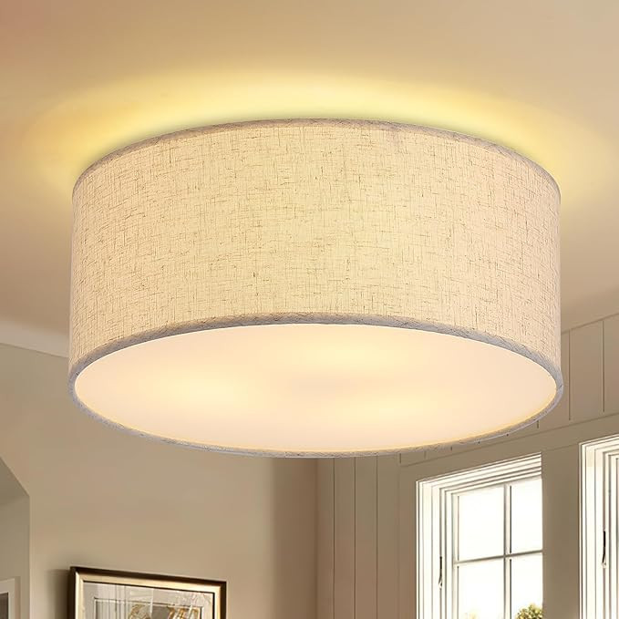 12.6" Modern Close to Ceiling Light with Linen Fabric Drum Shade,3-Light Semi Flush Mount Ceiling... | Amazon (US)