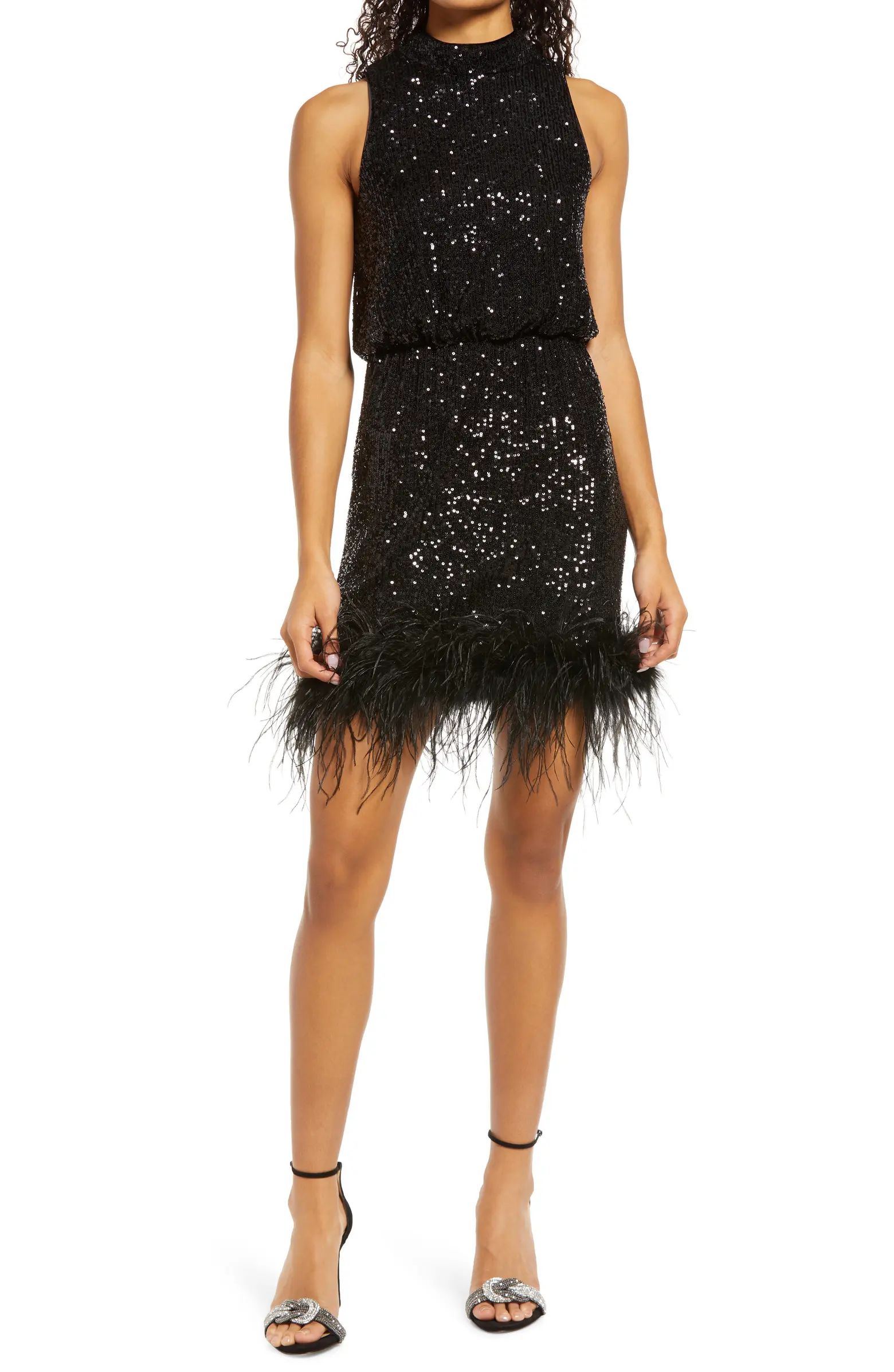 Eliza J Feather Trim Sequin Dress | Nordstrom | Nordstrom