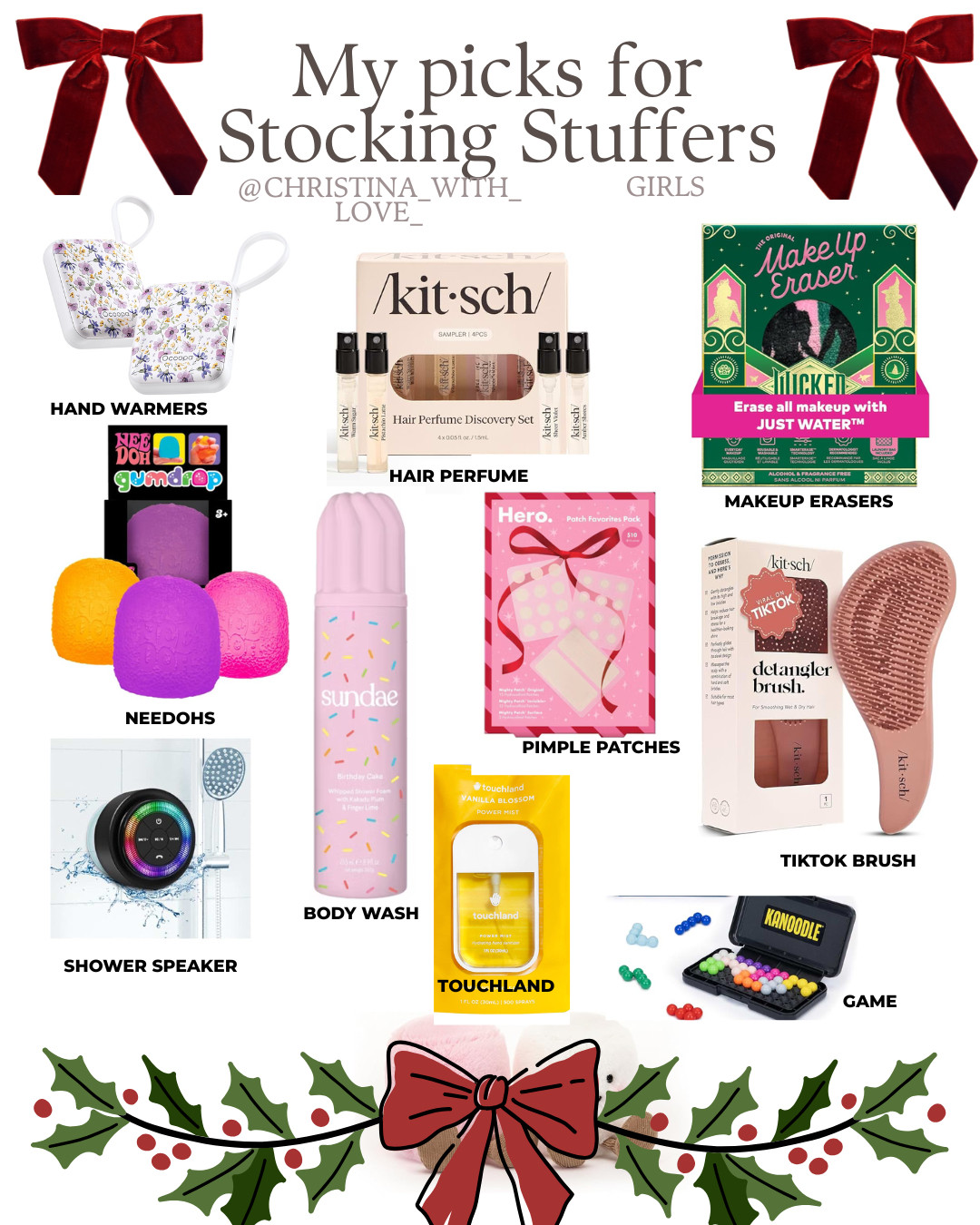 As a buyer and a mom of girls — I’ve tested all the little things that actually make great stocking stuffers 💕
From lip balm to hair must-haves to cozy accessories — these are guaranteed hits 🎀
#StockingStuffers #GiftGuide #GiftsForHer #TeenGiftGuide #GiftInspo #HolidayGifting #ExplorePage #Reel#kitsch#needoh#hero#touchland#magiceraser
 

  

#LTKHoliday #LTKGiftGuide #LTKHoliday #LTKSeasonal