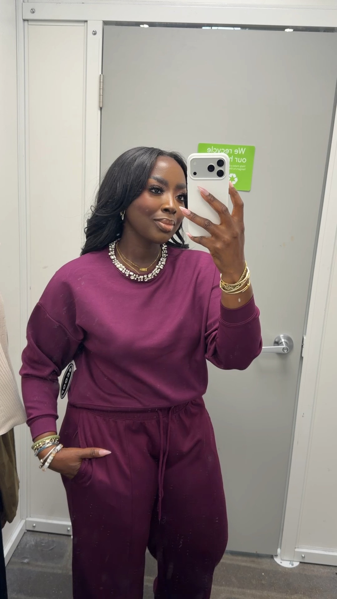 OK, SCOOP from Walmart always does it for me! I love the material of this loungewear set. I’m wearing a large in the pants and a medium and the top.