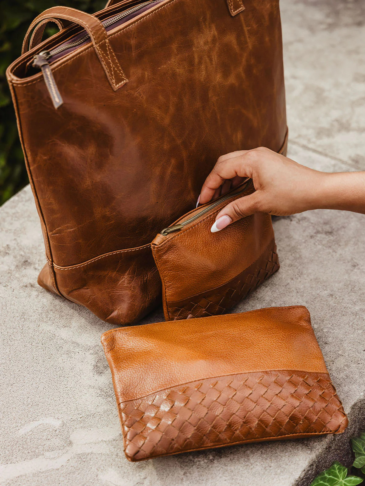 Woven Leather Pouchette in Cognac | Joffa Marketplace