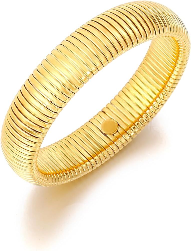 CONRAN KREMIX Gold Chunky Bangle Stretch Bracelets For Women 14K Real Gold Filled Stainless Steel... | Amazon (US)