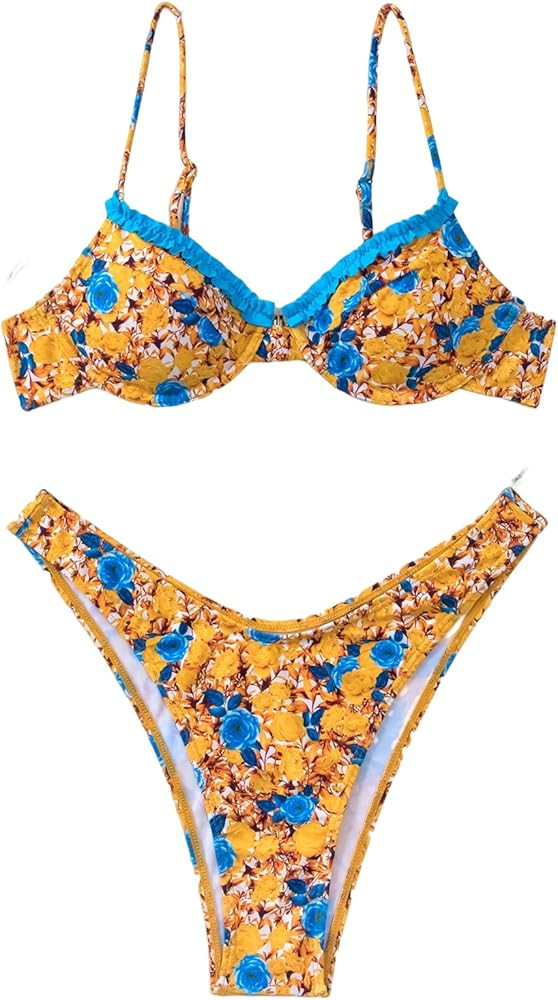 Floerns Women's Floral Frill Trim Underwire High Cut Two Piece Bikini Swimsuit | Amazon (US)