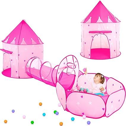 3pc Kids Play Tent for Girls with Ball Pit, Crawl Tunnel, Princess Tents for Toddlers, Baby Space... | Amazon (US)