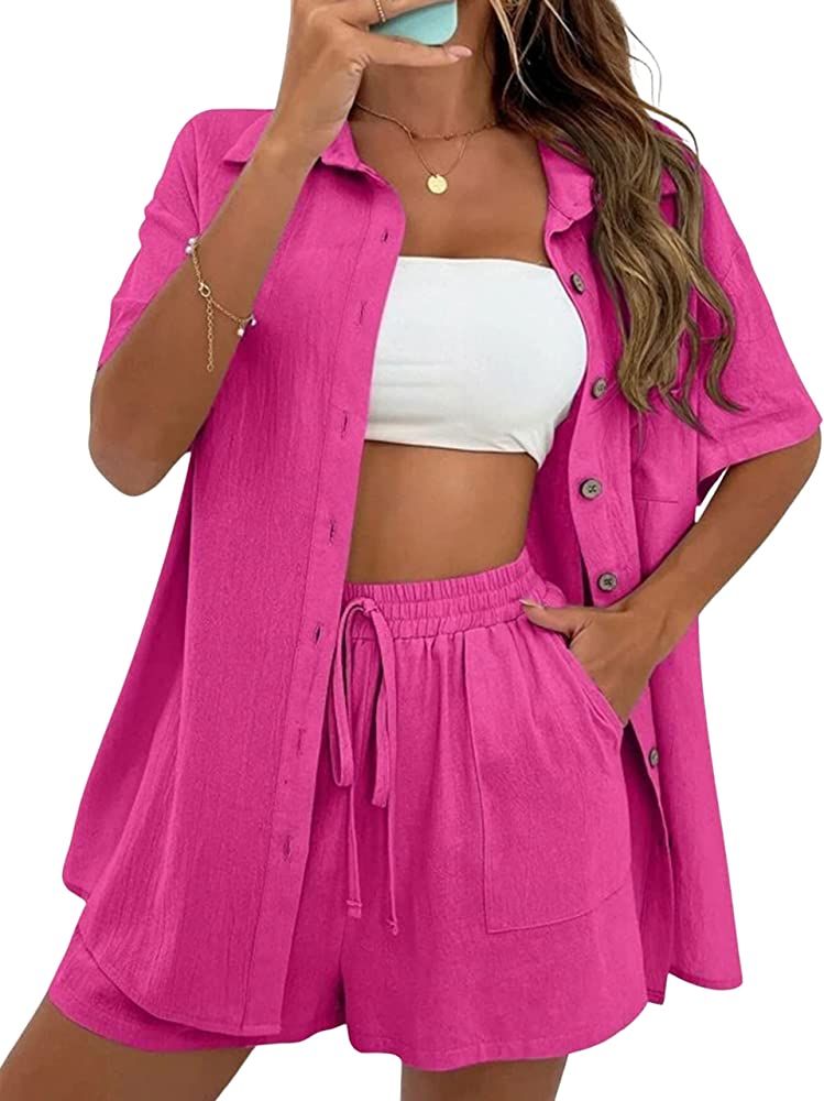 SeekMe Linen Short Sets for Women Short Sleeve Top Shorts 2 Piece Summer Beach Vacation Outfits L... | Amazon (US)