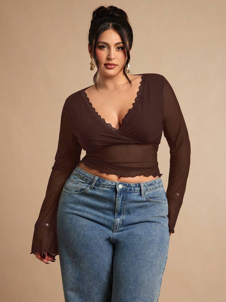SHEIN BAE Plus Size Women Solid Color Mesh Lace Patchwork Long Sleeve Sexy Top, Undershirt, Outer... | SHEIN