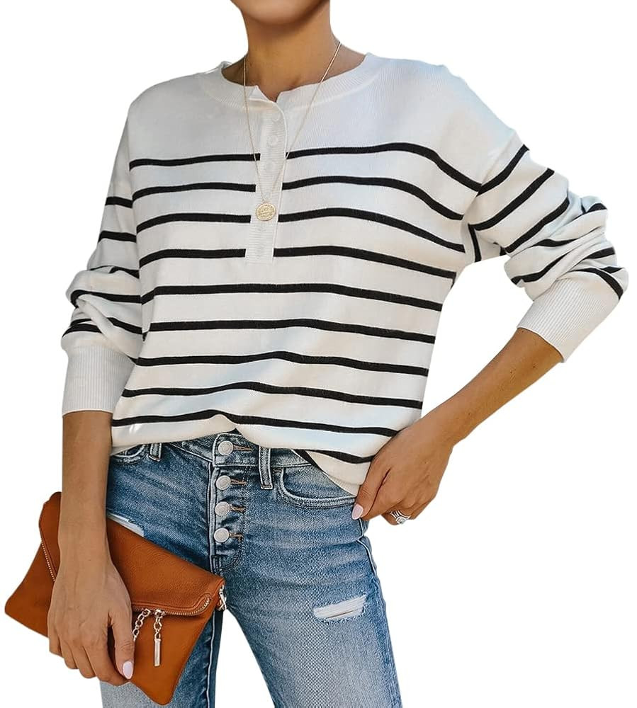 Womens Striped Henley Sweaters Soft Lightweight Long Sleeve Crew Neck Loose Fit Knit Pullover Top... | Amazon (US)