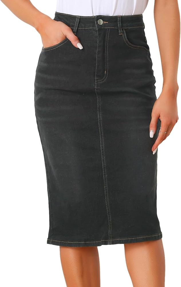 Allegra K Casual Denim Skirt for Women's High Waist Split Back Pockets Midi Jean Skirts | Amazon (US)