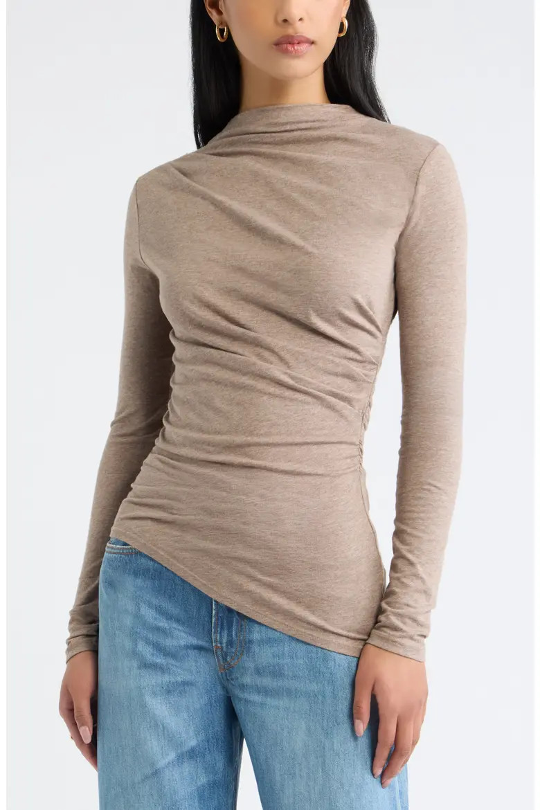 Open Edit Ruched Asymmetrical Mock Neck Top in Black at Nordstrom, Size Medium | Nordstrom