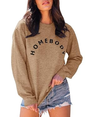 FISACE Womens Graphic Sweatshirt Crew Neck Solid Color Long Sleeve Casual Loose Letter Pullover T... | Amazon (US)
