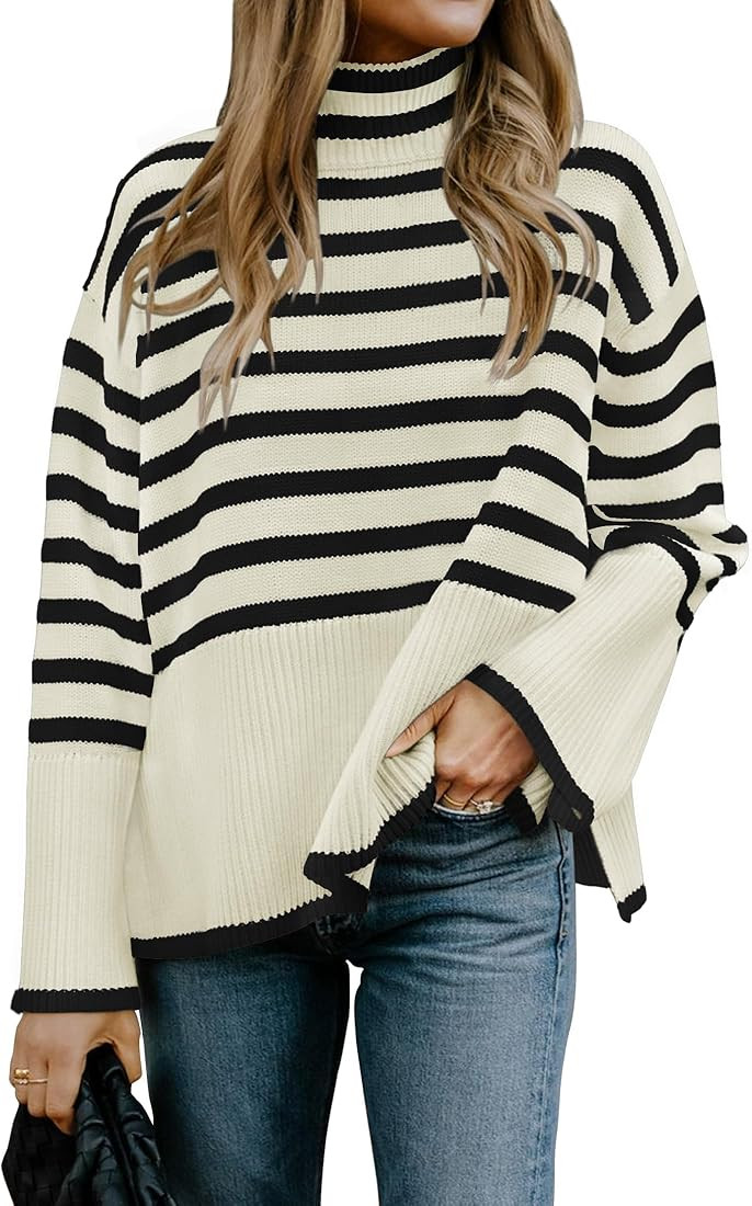 ZESICA Women's 2023 Winter Sweaters Casual Turtleneck Long Sleeve Striped Side Slit Loose Pullove... | Amazon (US)