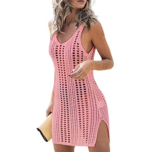 Women Crochet Cover Up Beach Swimsuit Coverups Pink S | Amazon (US)
