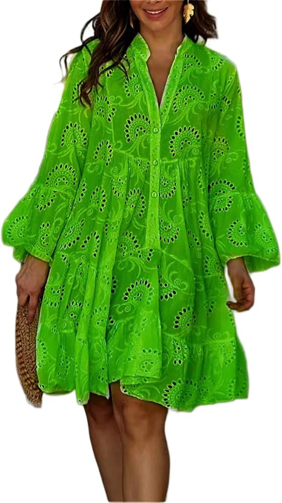 Women's Lace Short Dress Casual V Neck Long Sleeve Eyelet Buttons Beach Plus Size Green Mini Dres... | Amazon (US)