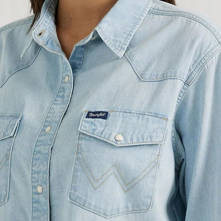 Wrangler Women's Retro Long Sleeve Snap Denim Cropped Western Shirt - 112356656   US | Walmart (US)
