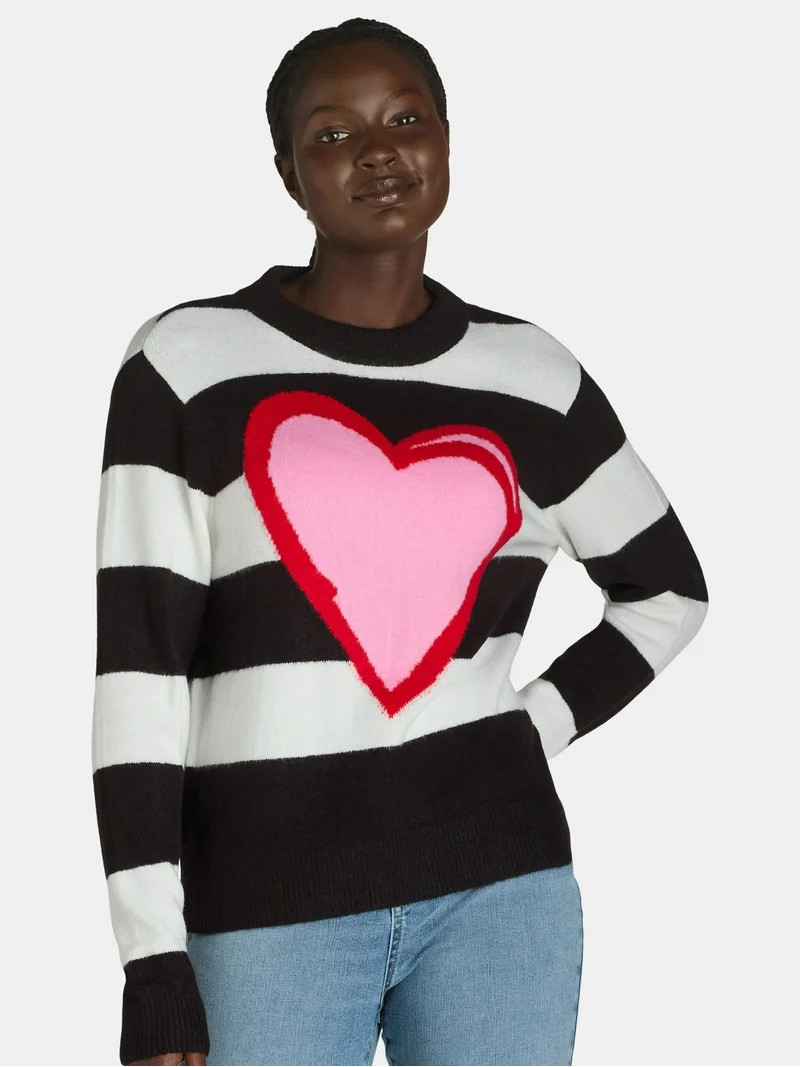 99 Jane Street Women’s and Women's Plus Striped Sweater with Heart Design, Sizes XS-4X - Walmar... | Walmart (US)