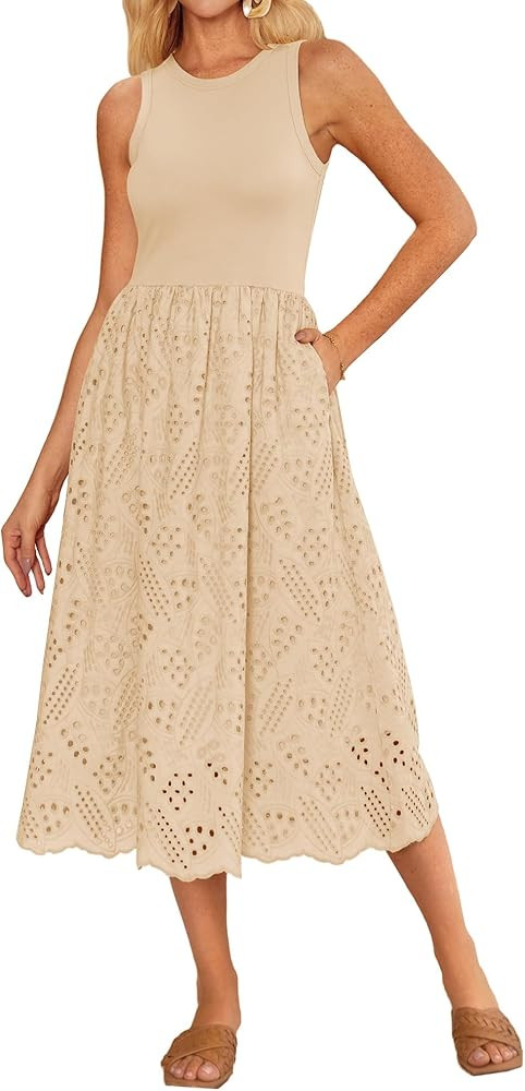 GRACE KARIN Women's Summer Sleeveless Tank Dress A Line Midi Dress Eyelet Crewneck Casual Holiday... | Amazon (US)