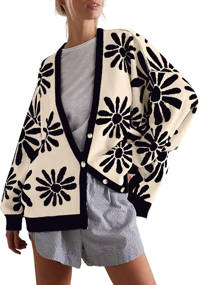 Tanou Womens Floral Cardigan Button Down Long Sleeve Open Front Knit Sweaters | Amazon (US)