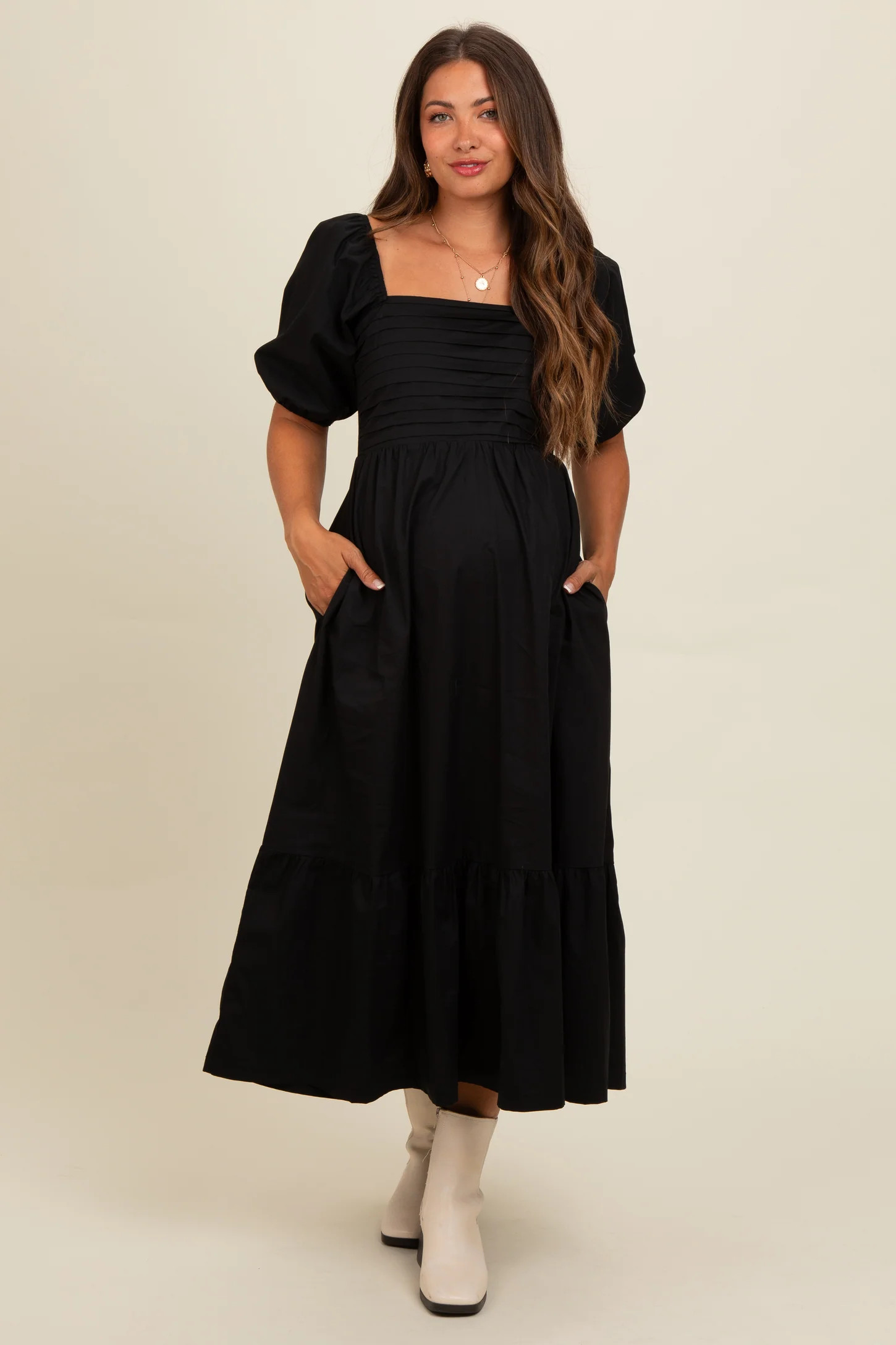 Black Pleated Bodice Puff Sleeve Maternity Midi Dress | PinkBlush Maternity