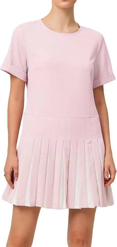 EZAPINE Women's Pleated Short Sleeve Mini Dress Crewneck Loose Fit Flowy Swing Short Dress | Amazon (US)