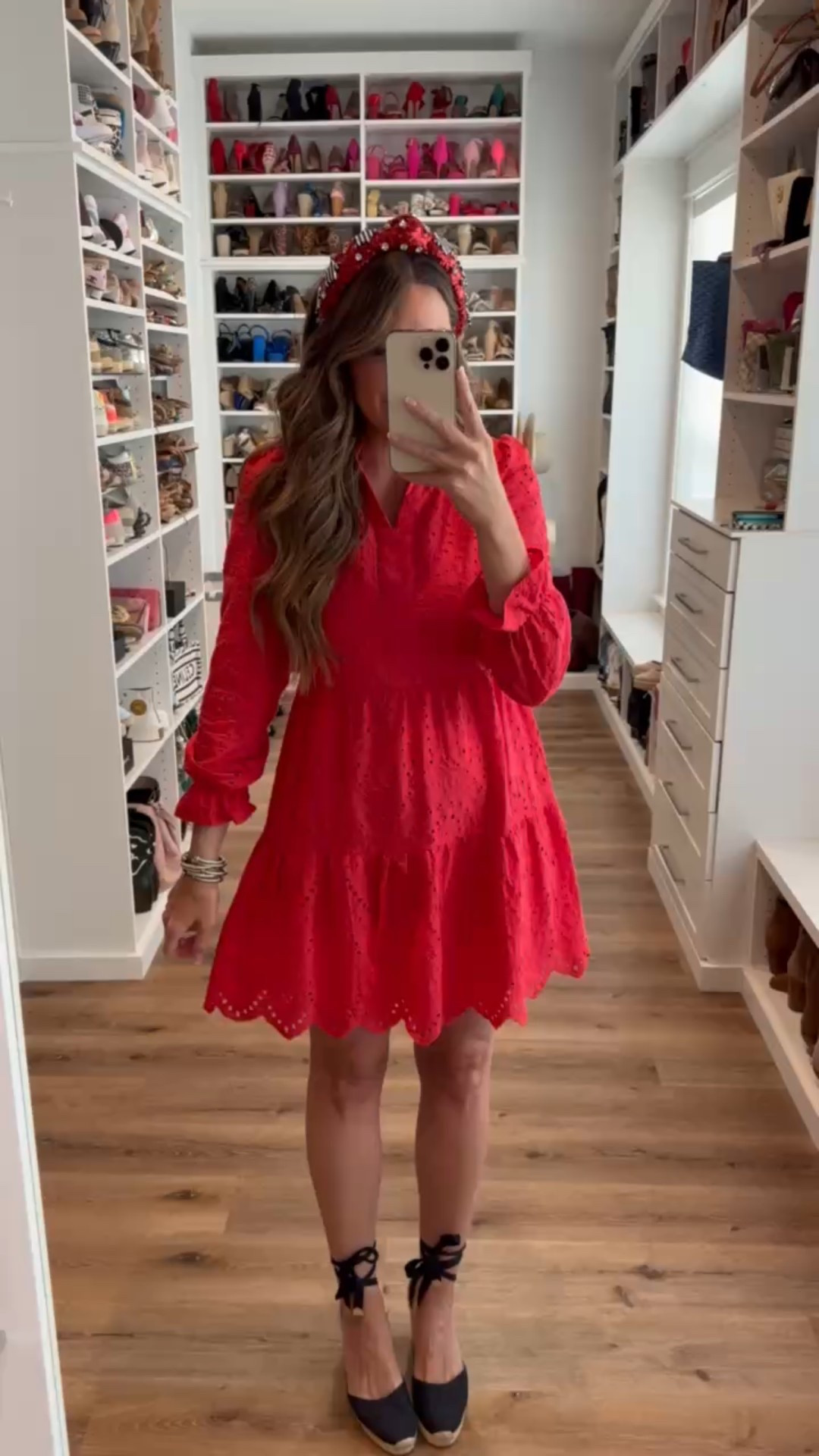 In a small long sleeve eyelet dress, headband, tie up espadrille wedges and accessories for patriotic look - fits tts.

#LTKFindsUnder50 #LTKSeasonal #LTKStyleTip