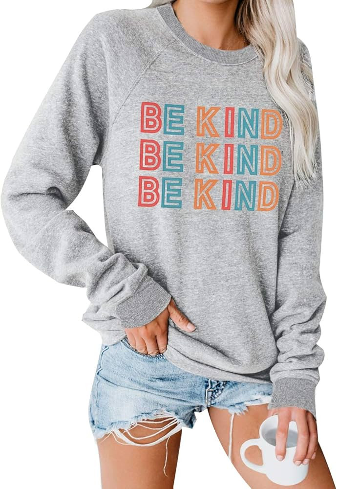 Blooming Jelly Women's Cute Graphic Sweatshirt Be Kind Crewneck Raglan Long Sleeve Pullover Top | Amazon (US)