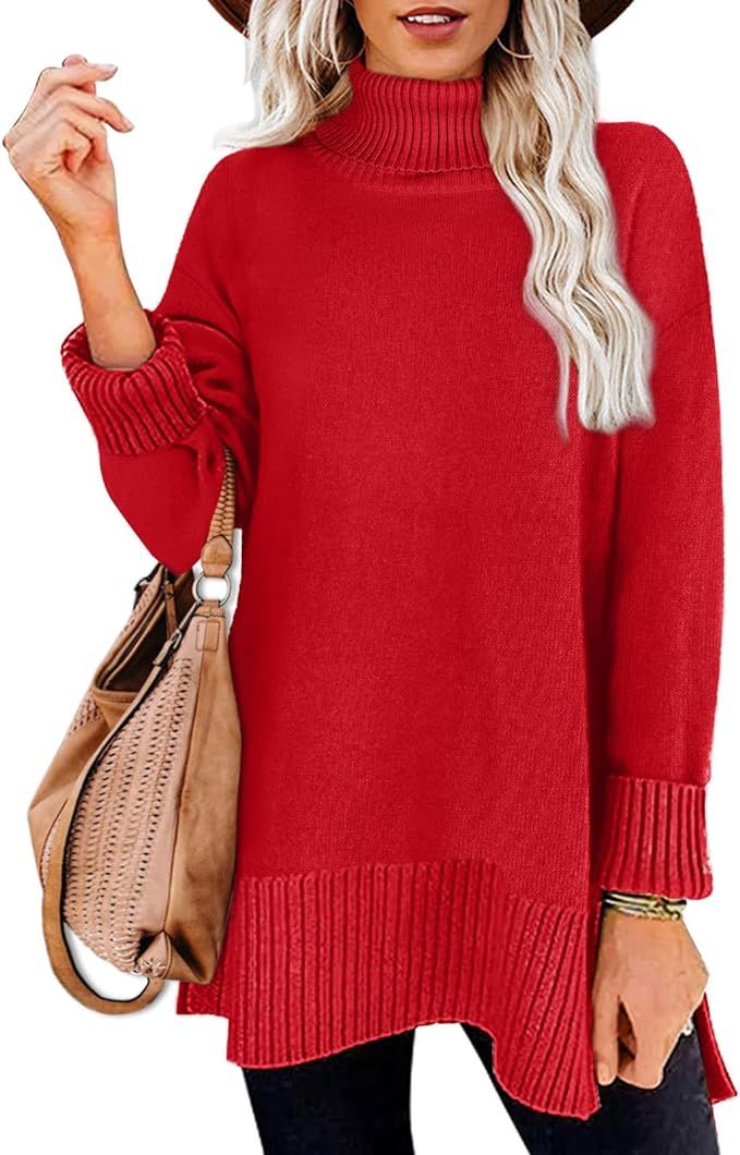 Glanzition Sweaters for Women Turtleneck Side Split Oversized Pullover Tops | Amazon (US)