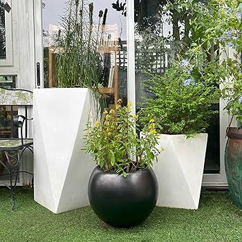 13.5 H x 17" Dia (12" Pot Opening) Round Fiberstone Planter with Drainage Hole, Black, Indoor/Out... | Amazon (US)