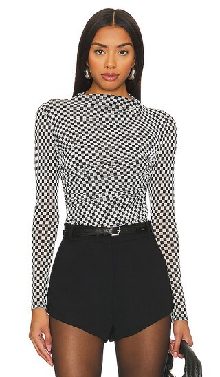 Mesh Long Sleeve Twist Top in Black & White Checker | Revolve Clothing (Global)