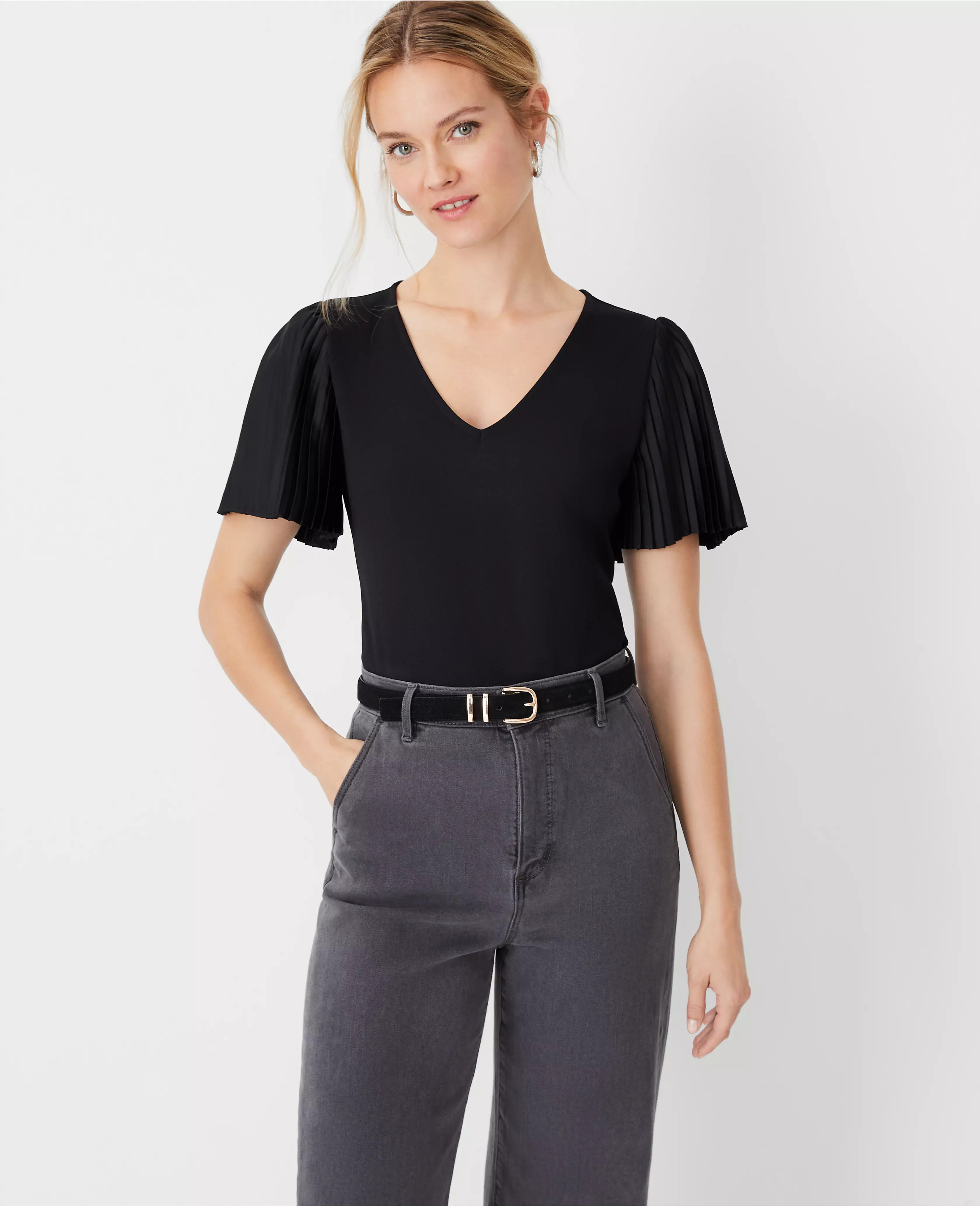 Shimmer Mixed Media Pleated Sleeve Top | Ann Taylor (US)