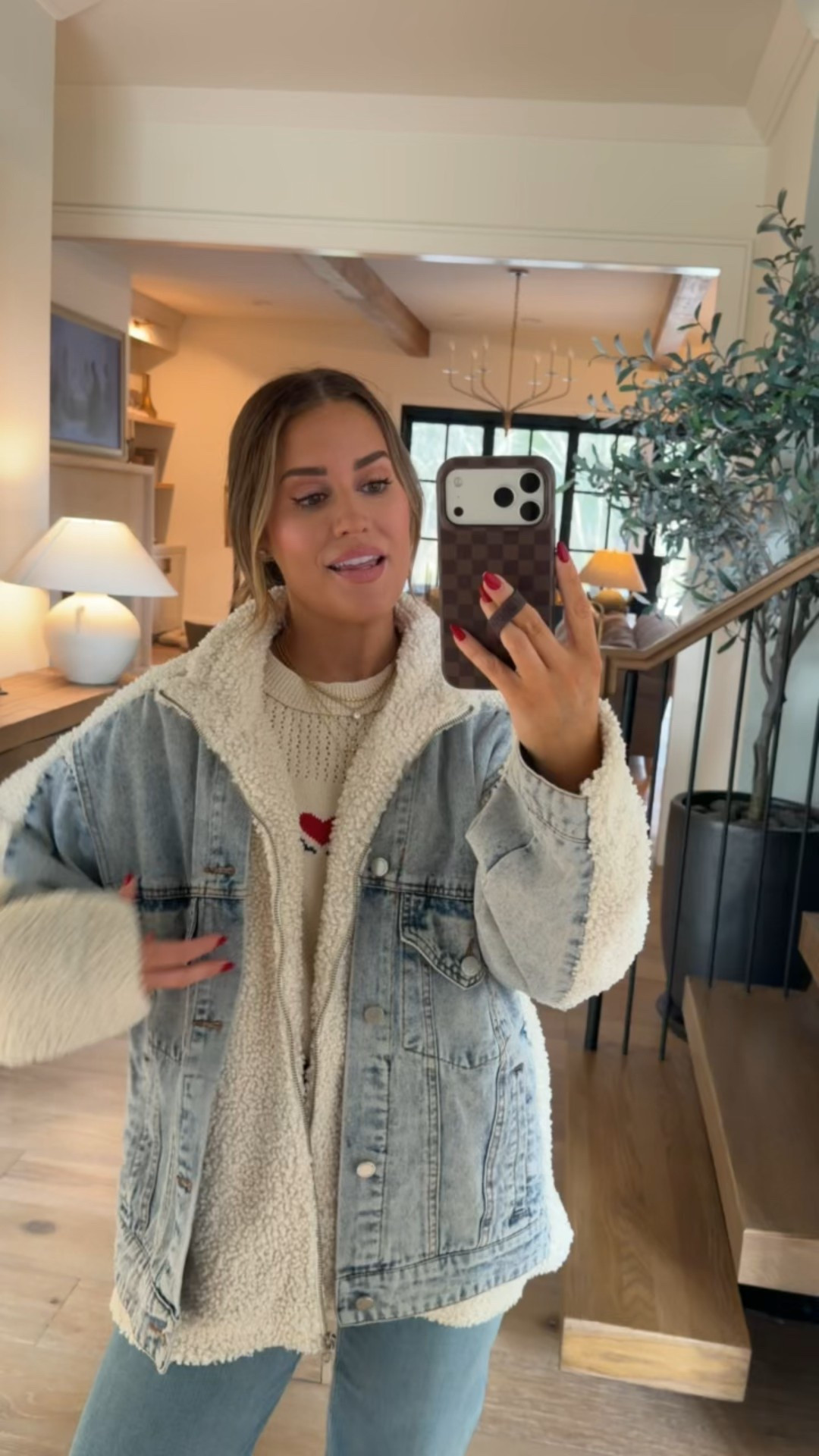 My recent Anthropologie order! Wearing a small in this festive sweater, small in denim/sherpa jacket (runs big), & 25 petite in jeans. Jelly flats run tts

#LTKSeasonal #LTKootd #LTKPetite