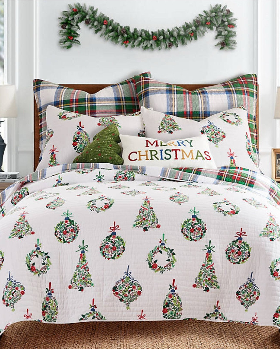 Absolutely Beautiful Festive Christmas Bedding! This reversible quilt has detailed ornaments on the front and traditional Christmas plaid on the back.  What a beautiful way to transform your bedroom this holiday season! 🌲

Holiday bedding, quilt, Christmas decor, Christmas bedding, holiday decor, seasonal bedding, festive bedding 

#LTKSaleAlert #LTKSeasonal #LTKHoliday