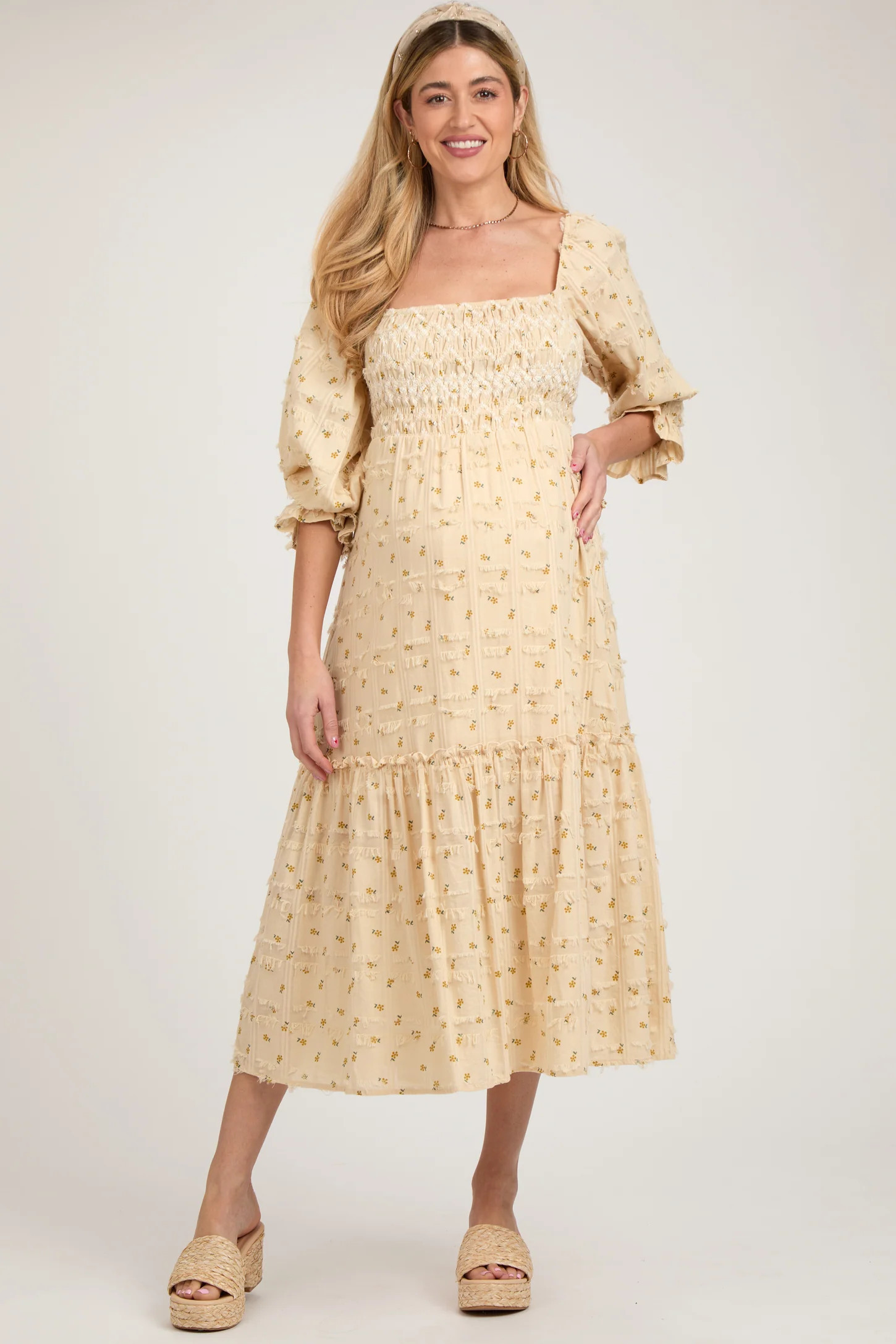 Beige Floral Square Neck Smocked Fringe Maternity Midi Dress | PinkBlush Maternity