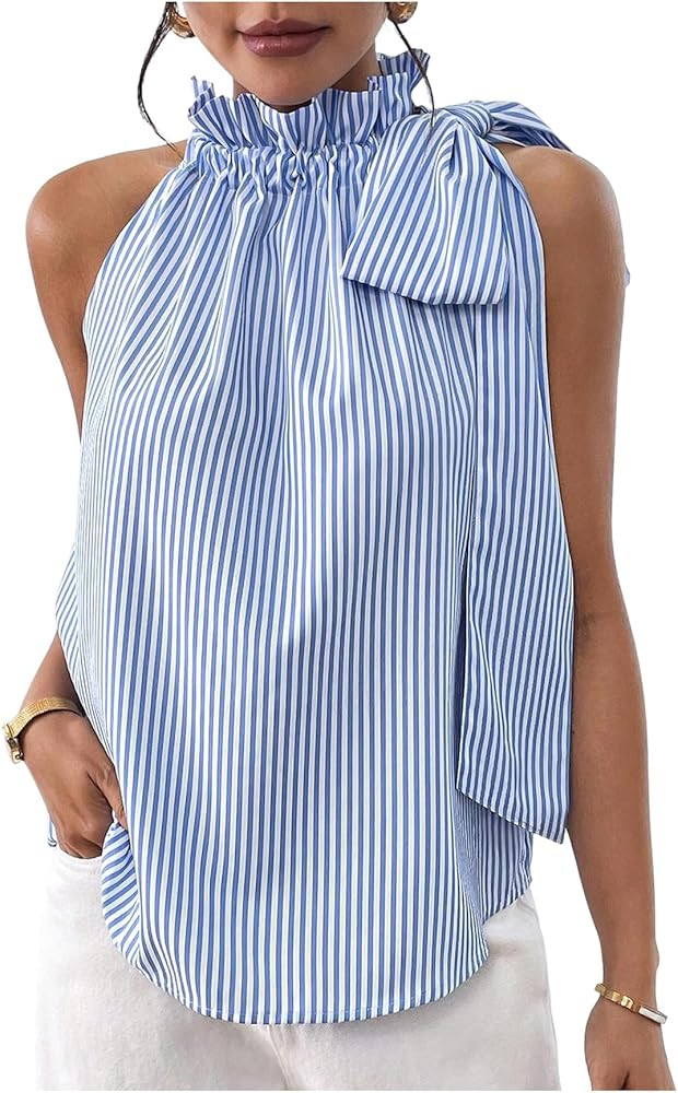 MakeMeChic Women's Striped Halter Tie Knot Neck Blouse Sleeveless Ruffle Elegant Office Shirt | Amazon (US)