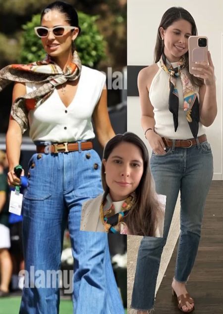 Styled a look inspired by Carmen Mundt’s outfit for formula 1 Spanish Grand Prix qualifying 2022, summer outfit, spring outfit, casual denim outfit, scarf, Hermes scarves, Baldwin jeans, cut too, neutral outfit, Hermes sandals, j. Crew belt, silk scarf, classic style 

#LTKunder100 #LTKFind #LTKstyletip