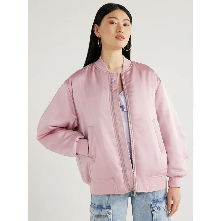Scoop Women's Oversized Satin Bomber Jacket with Rouched Sleeves, Sizes XS-XXL | Walmart (US)
