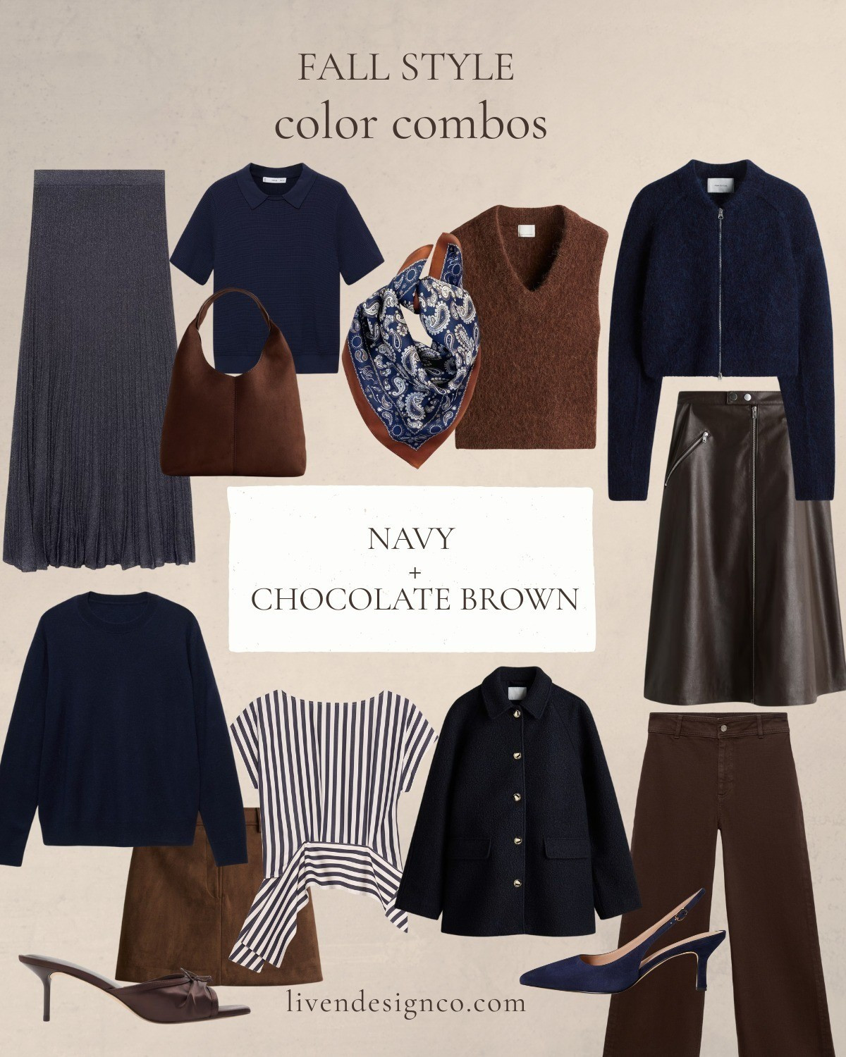 Fall fashion. Style inspiration. Fall style inspo. Color combos. Navy and chocolate brown. Fall trends. Capsule wardrobe. Leather skirt. Brown sweater vest. Mules. Suede heels. Scarf. Sweater. Navy coat. Navy heels. Short sleeve sweater top. Collared sweater. Suede bag. 

#LTKootd #LTKFindsUnder100 #LTKSeasonal