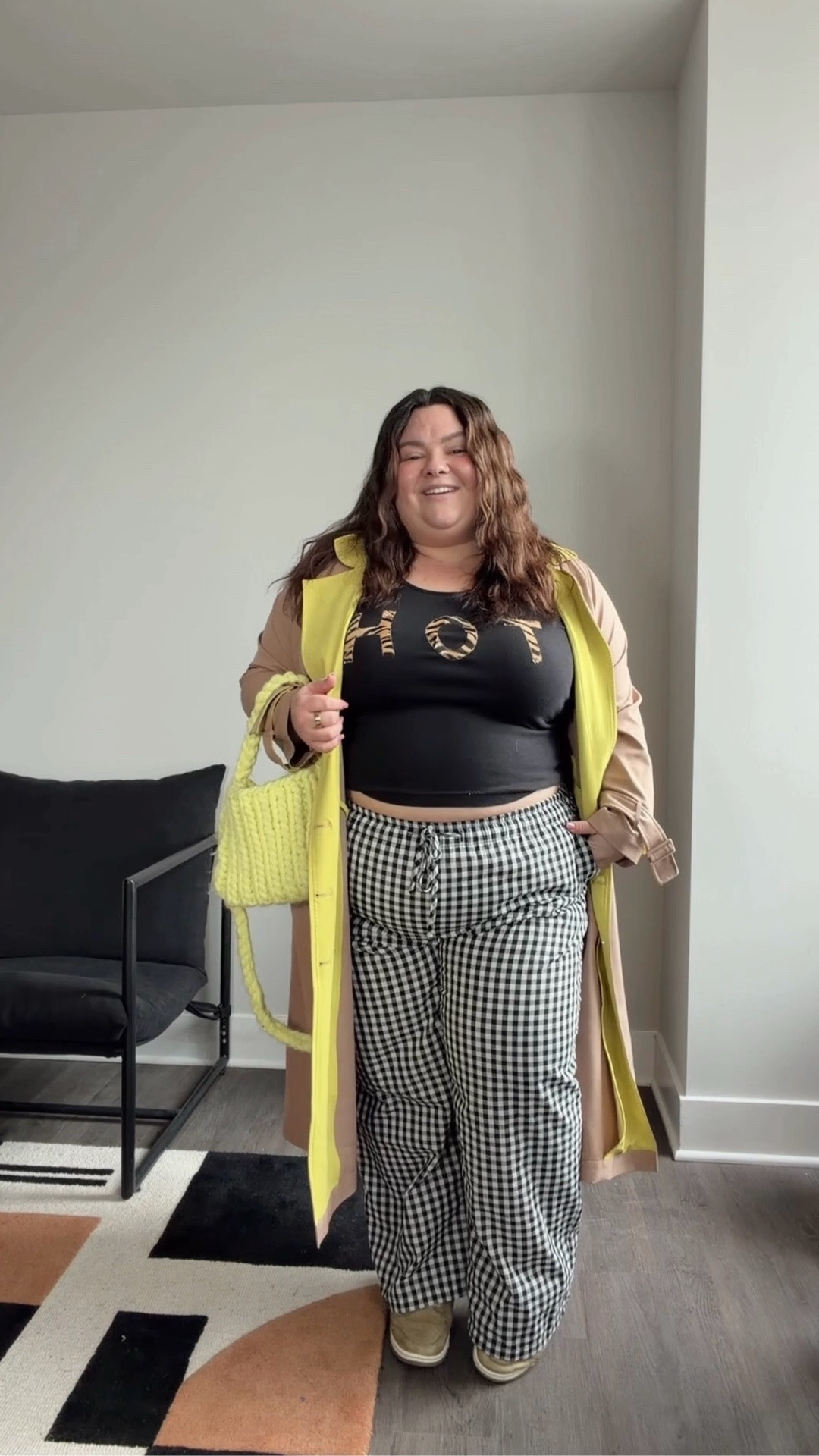 plus size outfit of the day made up of mostly secondhand vintage plus size finds! 
- Hot tank top (upcycled): @LateNightAndCraft
- checkered pants: Amazon size 3X 
- Tan trench coat: Premme size 2 
- sneakers: Nike Dunks 
- knitted tote: Aerie 
- Robe: Amazon size 

#LTKPlusSize #LTKMidsize #LTKgrwm