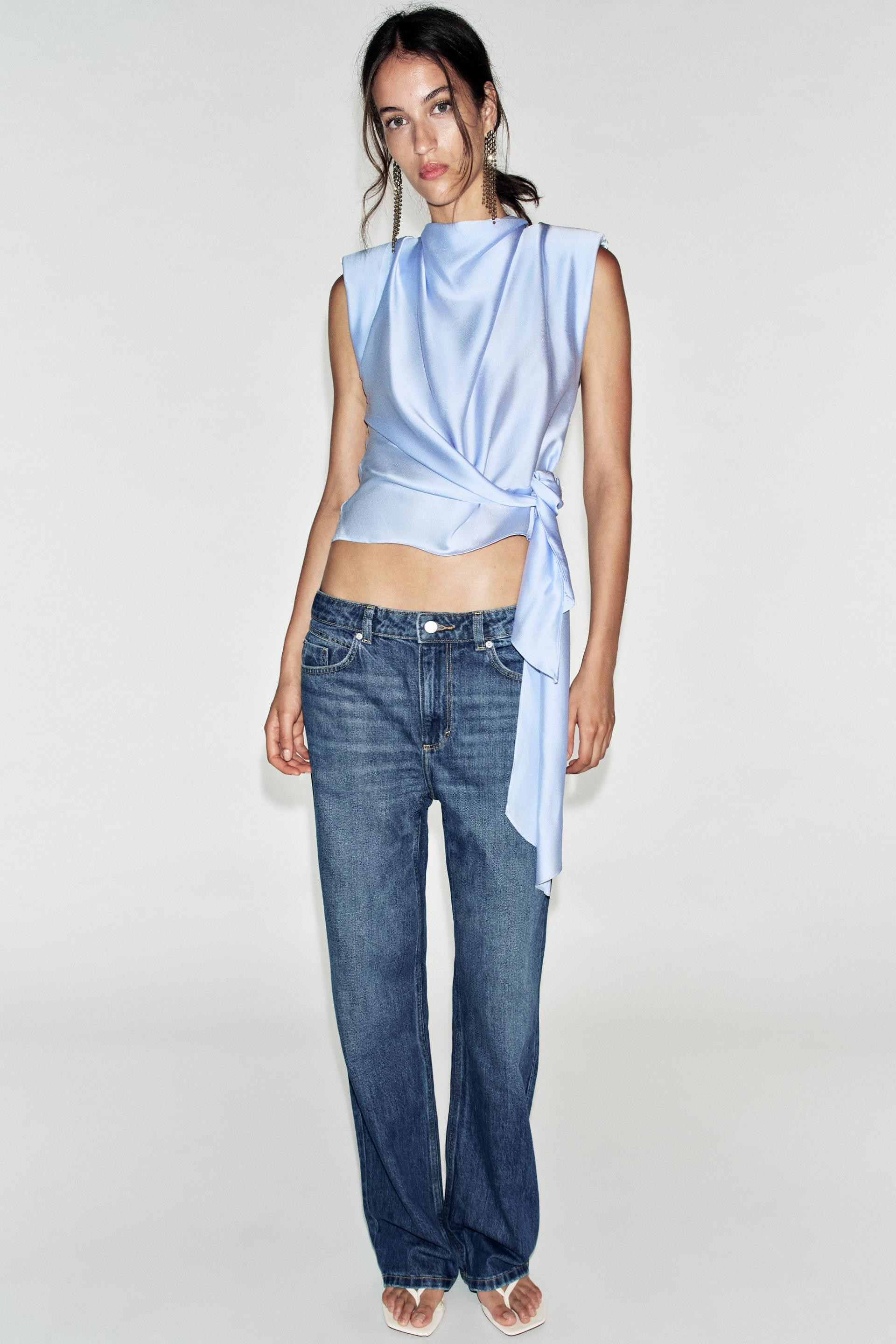 Zara - Knotted Satin Effect Shoulder Pad Top - Light Blue - M - Woman | Zara US