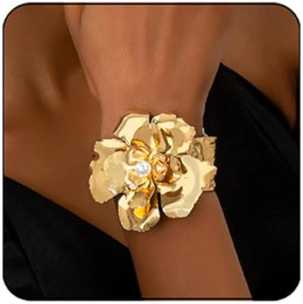 Chunky Gold Cuff Bracelets for Women Vintage Pearl Crystal Flower Bracelet Bohemian Style Open Ba... | Amazon (US)