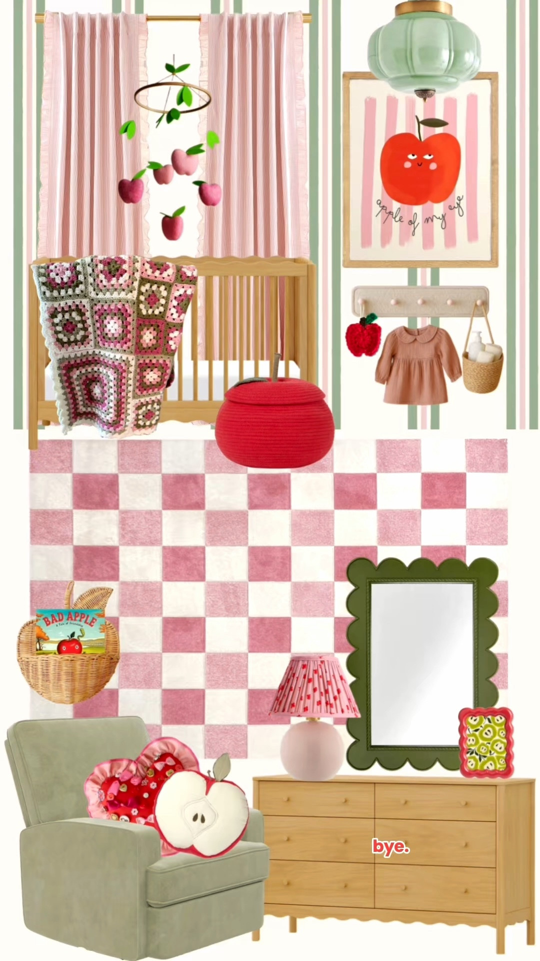 Apple of My Eye 🍎✨
I designed this nostalgic, storybook-inspired nursery around warm honey wood furniture and layered in soft pinks, reds, and greens for a cozy granny-chic feel. This space was inspired by vintage Strawberry Shortcake energy: playful, colorful, and full of imagination.

I mixed retro patterns like checkered rugs and subtle striped wallpaper with sweet apple motifs, ruffle details, and heirloom textures to create a nursery that feels warm, lived-in, and timeless. The granny square throw was the final touch that brought everything together and added that handmade, nostalgic charm I love so much.

Apple nursery decor, girl nursery ideas, vintage nursery design, strawberry shortcake nursery, retro nursery inspiration, granny chic nursery, cozy nursery decor, storybook nursery theme, pink and green nursery, baby girl nursery ideas, nursery mood board, whimsical nursery decor, nursery styling ideas, checkered rug nursery, ruffle nursery decor


#LTKHome #LTKBump #LTKBaby