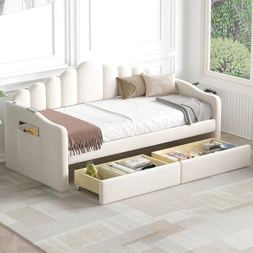 HomSof Twin Size Upholstered Daybed with 2 Drawers,Velvet Sofabed with USB Charging Ports,No Box-Spring Needed,Beige | Amazon (US)